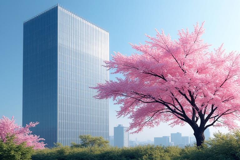 桜の木とモダンなオフィスビルが融合した風景